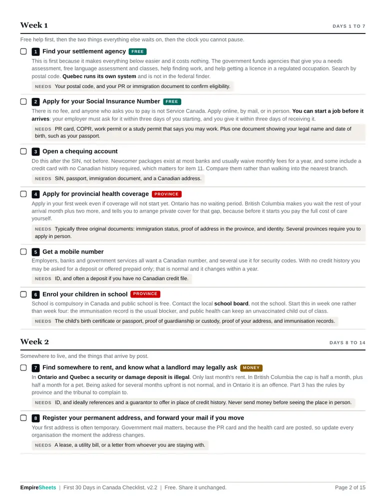 Page 2 of First 30 Days Checklist